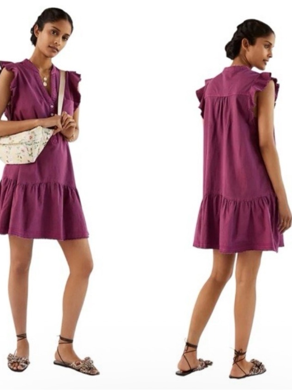 Pilcro Anthropologie Pink Ruffle Sleeve Tunic Mini Dress XL Boho Cotton